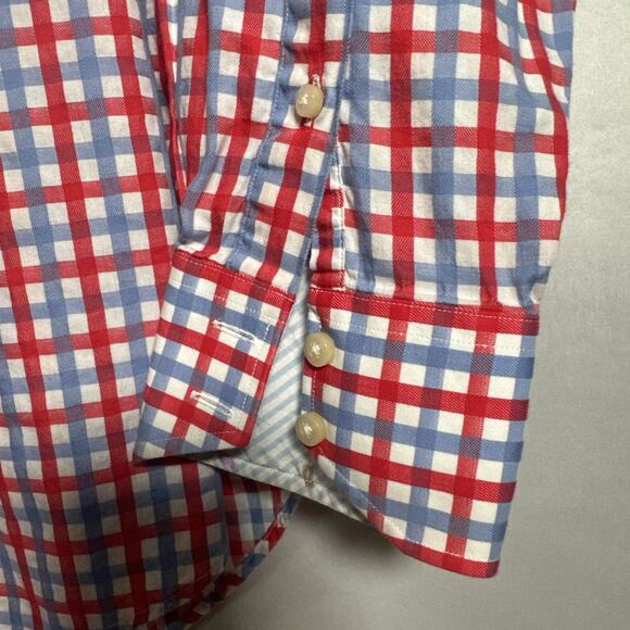THOMAS DEAN Men's Red Blue Plaid Cotton Button Up Dress Shirt Size Medium - Picture 5 of 9